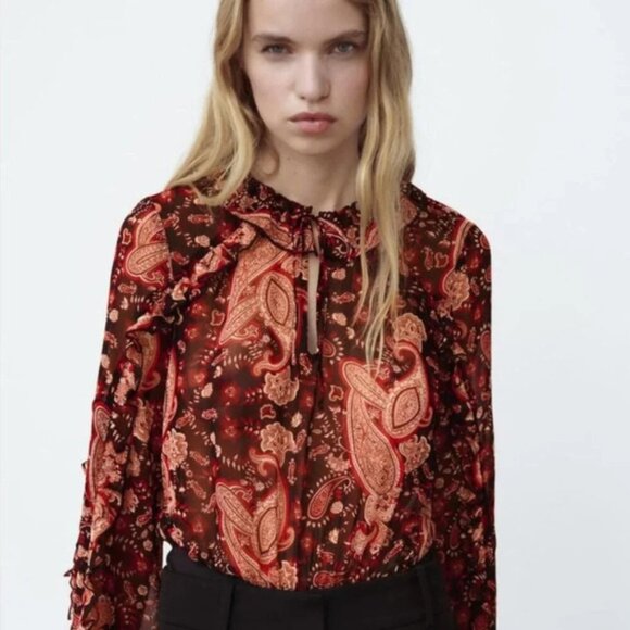 Zara Printed Ruffled Bodysuit Multicolor Sz XS - Picture 3 of 13